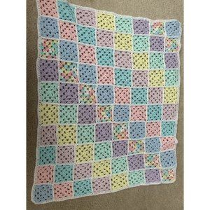 Vintage Crochet Baby Granny Square Throw Shabby Chic Cottage Blanket Handmade